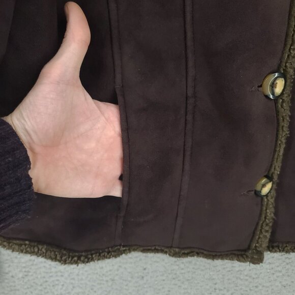 Ll Bean Jacket Womens 1x Plus Cropped Sherpa Lined Faux Suede Button Up Brown - Picture 4 of 8